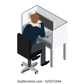 Workplace. Working on computer. Businessman looking at the laptop screen . Isometric perspective.