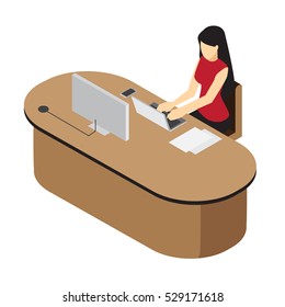 Workplace. Working on computer. Businessman looking at the laptop screen . Isometric perspective.