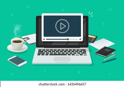 Workplace And Working On Laptop Watching Video Player, Concept Of Webinar, Business Online Training, Education On Computer Or E-learning Concept, Video Tutorial Vector Illustration Desktop Table