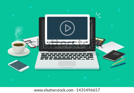 Workplace and working on laptop watching video player, concept of webinar, business online training, education on computer or e-learning concept, video tutorial vector illustration desktop table