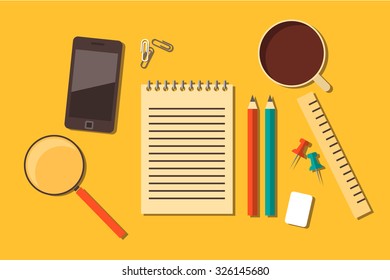 workplace, working space, writing instruments, notebook, pencils