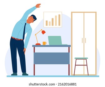 Workplace workout people. Man doing sport exercises in office. Healthy lifestyle. Workspace physical training. Worker standing in stretching position. Work break. Vector