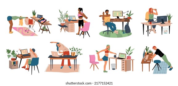 Workplace workout people. Office warmup, happy guys and girls do exercises, sport, fitness and relaxing, employees gymnastic, people healthy lifestyle, tidy vector cartoon flat set