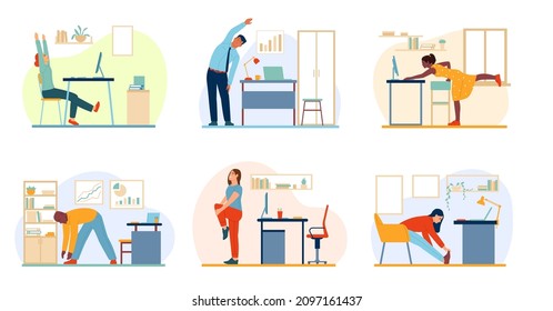 Workplace Workout People. Stretching And Warm Up On Job. Office Yoga. Corporate Fitness And Sport. Men And Women Training In Workspace. Vector Set Of Employees Do