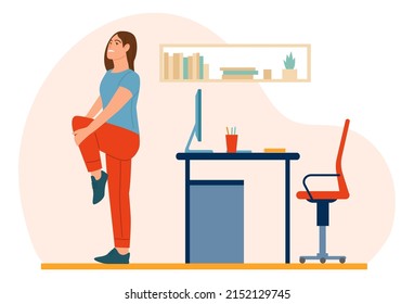 Trabajadores entrenando gente. Mujer haciendo ejercicios deportivos en el cargo. Salto de trabajo. Estilo de vida saludable. Escena de entrenamiento físico del área de trabajo. Empleado de vectores en estado físico