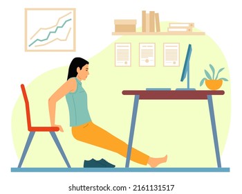 Workplace workout people. Woman doing sport exercise with chair. Work break. Physical training in office. Female in athletic position. Healthy lifestyle. Vector worker in