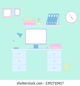 Workplace workspace desktop at home work office desk pc monitor stuff flower camera coffee cactus lamp books backpack illustration design