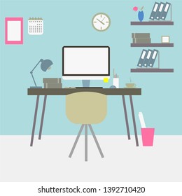 Workplace workspace desktop at home work office desk pc monitor stuff flower camera coffee cactus lamp books backpack illustration design
