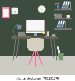 Workplace workspace desktop at home work office desk pc monitor stuff flower camera coffee cactus lamp books backpack illustration design