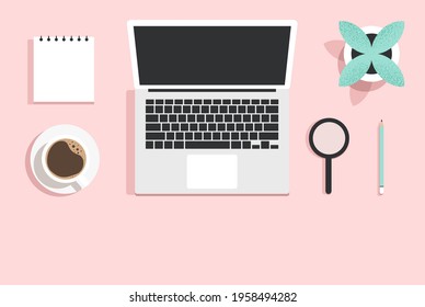 Workplace, workspace, desktop. Top view of the working table with a laptop, coffee cup, pencil, stationary and flower pot. Research, search concept. Modern minimalist isolated flat vector illustration