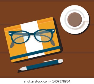 Workplace, Workspace Flat Vector Illustration. Spectacles, Notebook, Coffee and Pen Composition. Artist, Writer Accessories Lying on Wooden Table Top View. Tea for Breakfast, Cafeteria Brunch