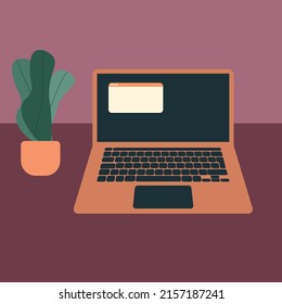 Workplace, workspace, working desk, study place. Point of view on Laptop screen. Virtual chat, Communication concept. Flat Vector illustrations for websites, banners, advertisements. Burgundy colors