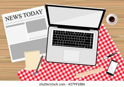 Workplace, workstation, laptop, coffee, newspaper, news, notebook, desktop, vector