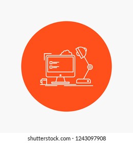 workplace, workstation, office, lamp, computer White Line Icon in Circle background. vector icon illustration