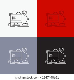 workplace, workstation, office, lamp, computer Icon Over Various Background. Line style design, designed for web and app. Eps 10 vector illustration