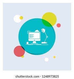 workplace, workstation, office, lamp, computer White Glyph Icon colorful Circle Background
