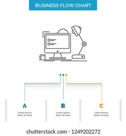 workplace, workstation, office, lamp, computer Business Flow Chart Design with 3 Steps. Line Icon For Presentation Background Template Place for text