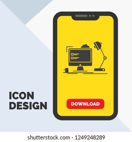 workplace, workstation, office, lamp, computer Glyph Icon in Mobile for Download Page. Yellow Background
