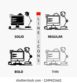 workplace, workstation, office, lamp, computer Icon in Thin, Regular, Bold Line and Glyph Style. Vector illustration
