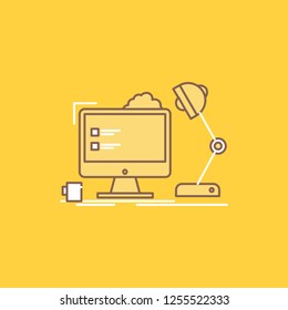 workplace, workstation, office, lamp, computer Flat Line Filled Icon. Beautiful Logo button over yellow background for UI and UX, website or mobile application