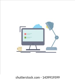 workplace, workstation, office, lamp, computer Flat Color Icon Vector
