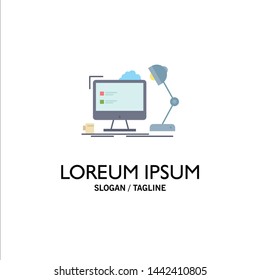 workplace, workstation, office, lamp, computer Flat Color Icon Vector