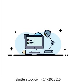 workplace, workstation, office, lamp, computer Flat Color Icon Vector