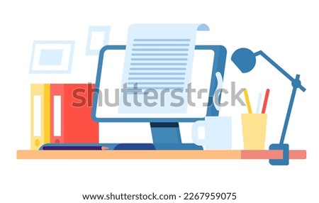 Workplace of writer. Copywriter and editor work table. Computer screen. Editing document. Text proofread. PC keyboard and folders. Grammer correcting. Writing essay