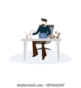 Workplace. young guy. Workplace concept. Joyful and cheerful character. Items on the chair.