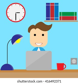 Workplace young man. Laptop, cup, watches, books, lamp in a flat style on a blue background. For websites, booklets, as a design element.