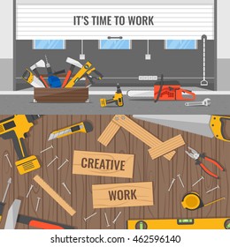 Workplaces and tools compositions with office or warehouse space and wooden table for carpenter isolated vector illustration  