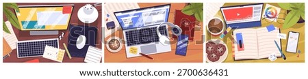 Workplaces top view. Above home office desk, computer or laptop on table for education business work place room with notebook document book phone coffee, classy vector illustration