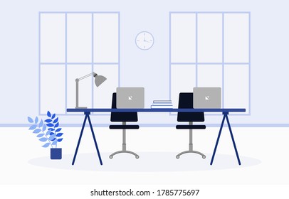 Workplaces Where There Are No People In The Room During Lunch Break Only Office Chairs Office Desk And Laptop On The Desk. Flat Vector Illustration.