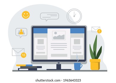 Workplace,vector flat design illustration,online electronic document concept.