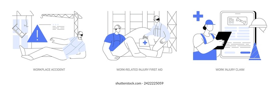 Work-related injuries and illnesses abstract concept vector illustration set. Workplace accident, work-related injury first aid, claim document, occupational medicine for employees abstract metaphor.