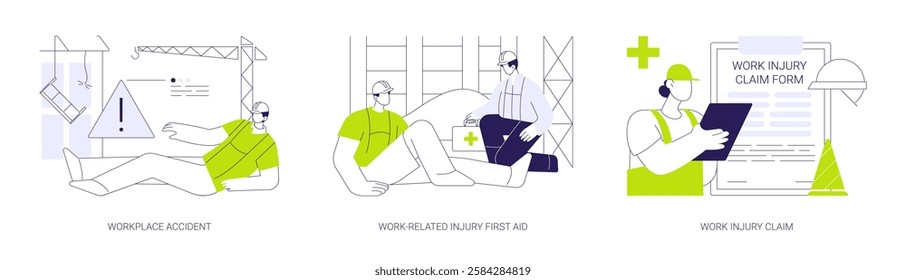 Work-related injuries and illnesses abstract concept vector illustration set. Workplace accident, work-related injury first aid, claim document, occupational medicine for employees abstract metaphor.