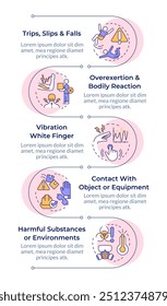 Work-related injury causes infographic vertical sequence. Workplace accident, business. Visualization infochart with 5 steps. Circles workflow