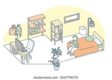 A workroom in a house.
A person sitting on a bed.