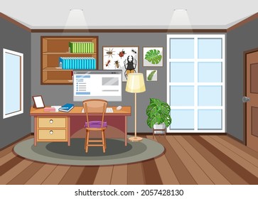 Workroom scene with computer on the table illustration