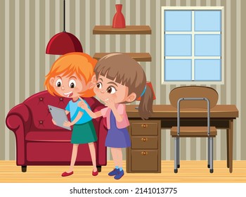 Workroom scene with family members illustration