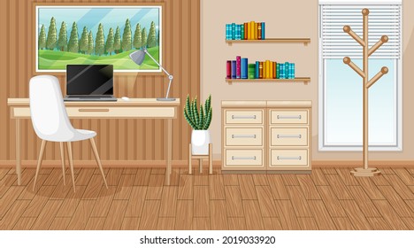 Cena da sala de trabalho com um notebook na ilustração da mesa