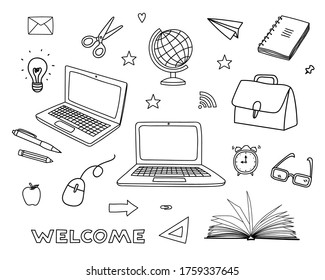 Workroom Stuff Doodle. Hand Drawn Vector Objects. Set Of Work Elements. Laptop, Bag, Clock, Book, Globe, Apple. Black And White Line Art Illustration