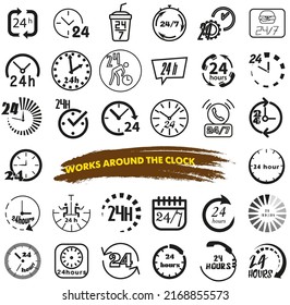 Works all the time, permanently or around the clock. Day and night. On an ongoing basis. Flat vector.