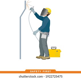 Works by welding. Worker, builder works with a construction tool. Vector illustration of a man constructor with instruments in his hands