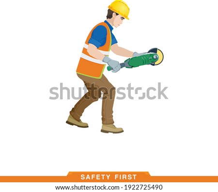 Works on a grinder. Worker, builder works with a construction tool. Vector illustration of a man constructor with instruments in his hands