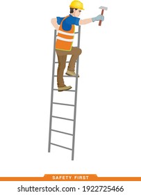 Trabaja en las escaleras. Trabajador, constructor trabaja con una herramienta de construcción. Ilustración vectorial de un constructor masculino con instrumentos en sus manos