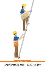 Works on the stairs. Worker, builder works with a construction tool. Vector illustration of a man constructor with instruments in his hands