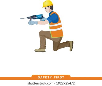Arbeitet als Staffel. Mitarbeiter, Builder arbeitet mit einem Konstruktionstool. Vektorgrafik eines Menschenkonstruktors mit Instrumenten in seinen Händen