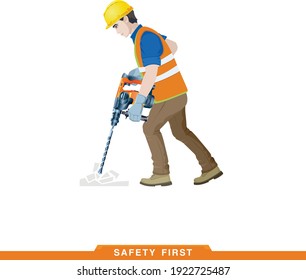 Works as a puncher. Worker, builder works with a construction tool. Vector illustration of a man constructor with instruments in his hands