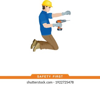 Funciona con un destornillador. Trabajador, constructor trabaja con una herramienta de construcción. Ilustración vectorial de un constructor masculino con instrumentos en sus manos